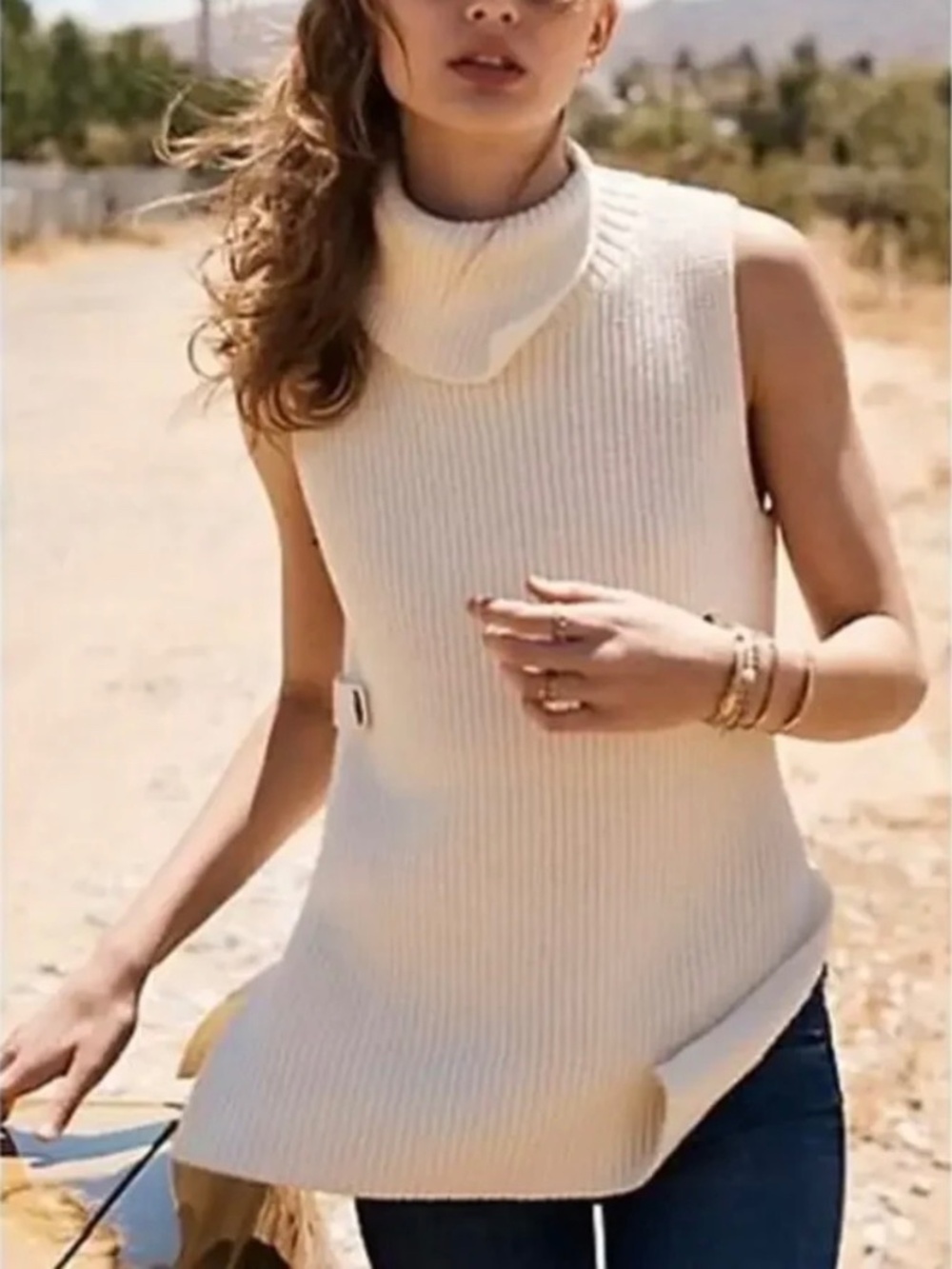 Anthropologie Alexa‎ Sleeveless Split Mock Neck Button Sides Cream Tunic Sweater